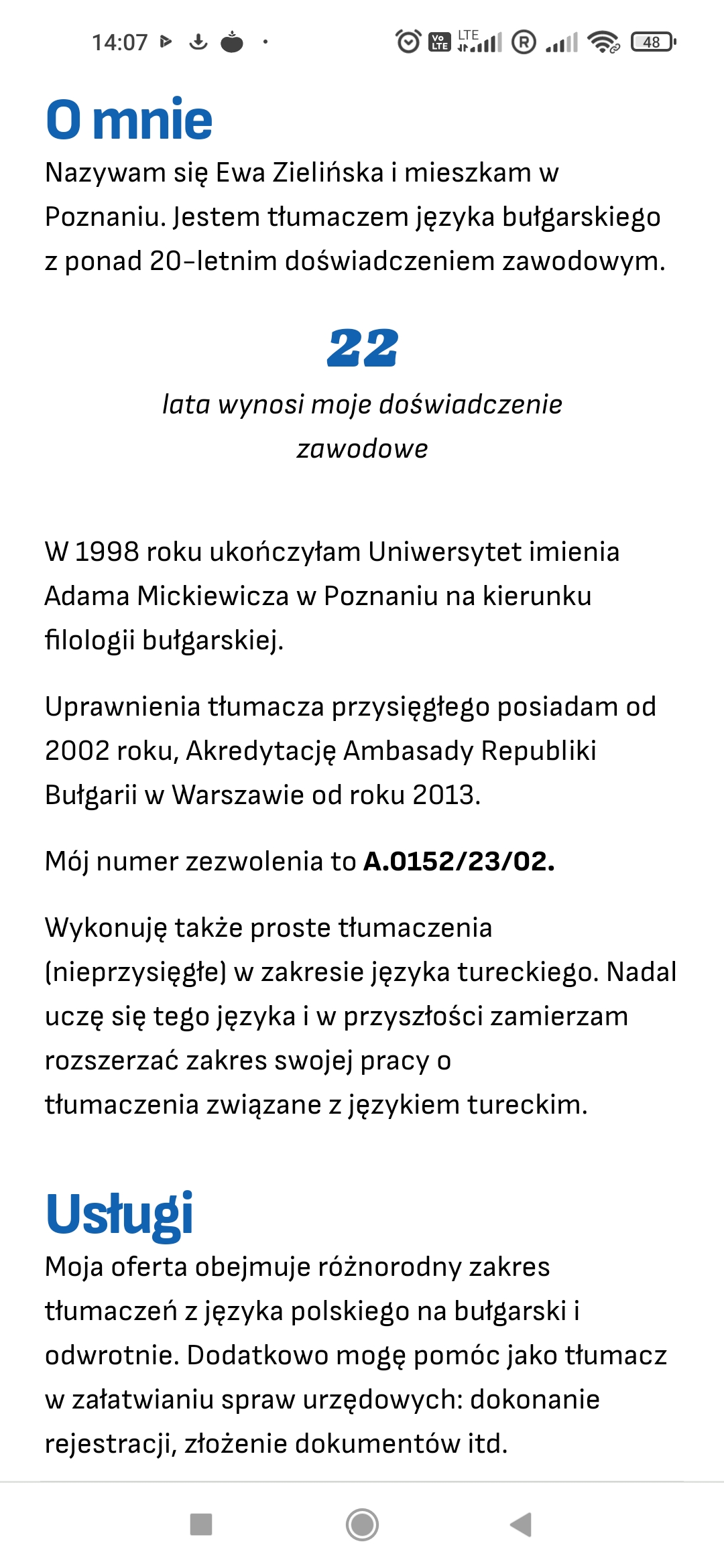 Telefon sekcja „O mnie”