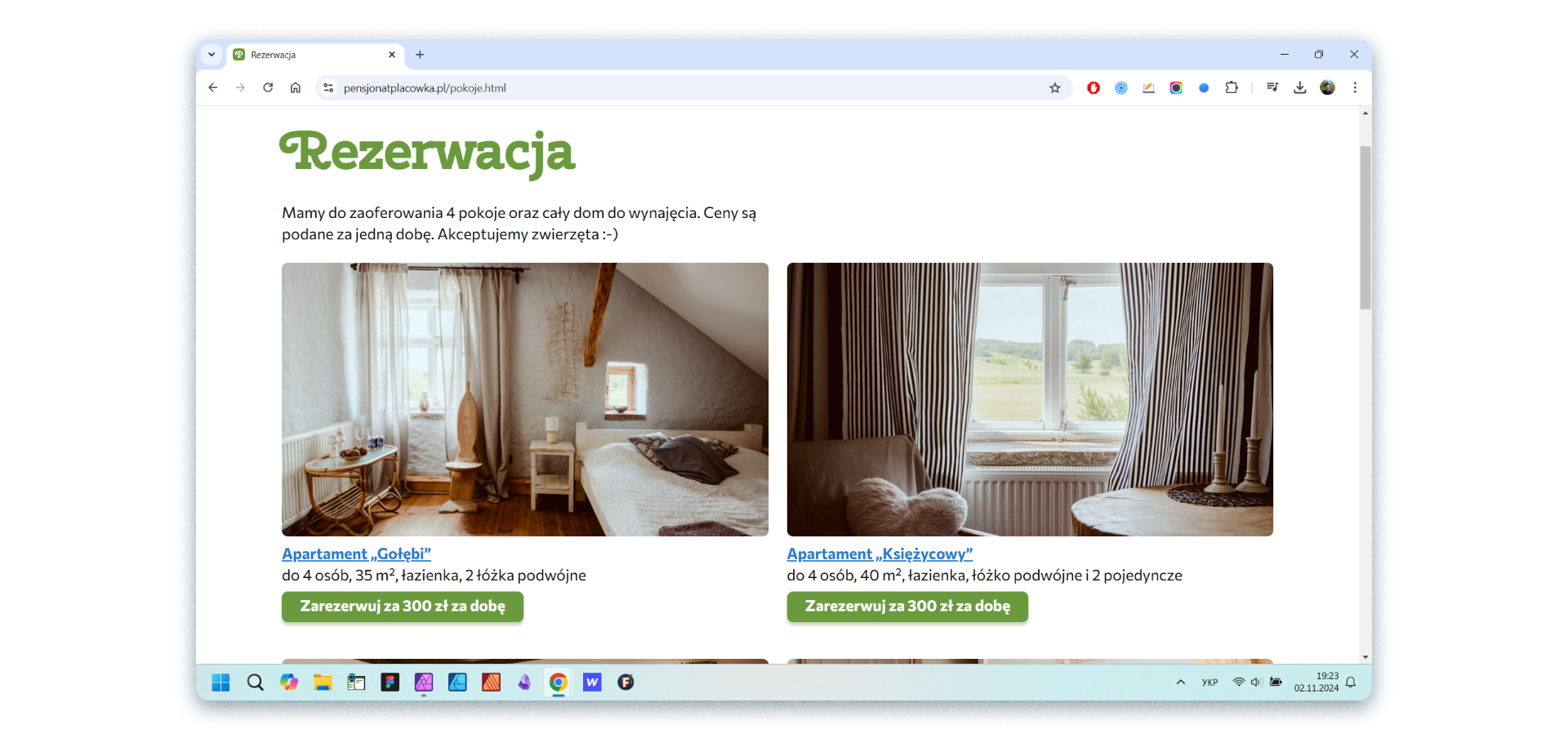 Strona z dostępnymi pokojami do rezerwacji